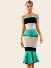 Load image into Gallery viewer, Adyce Color-block Fishtail Hem Bardot Dress