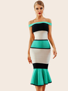 Adyce Color-block Fishtail Hem Bardot Dress