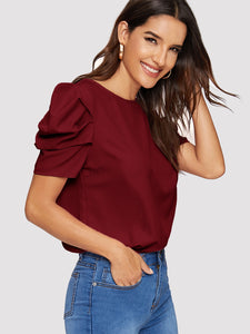 Button Keyhole Back Puff Sleeve Top