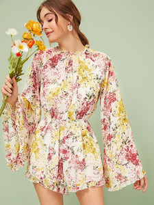 Ditsy Floral Frill Trim Flounce Sleeve Backless Romper