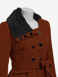 Contrast Faux Fur Collar Double Layered Hem Coat