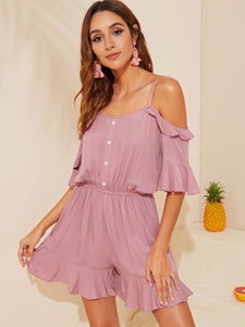 Cold Shoulder Half Placket Ruffle Romper