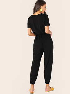 Solid Drawstring Waist Surplice Neck Jumpsuit