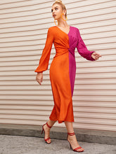 Load image into Gallery viewer, Lantern Sleeve Twist Front Two Tone Dress