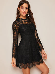 Trumpet Sleeve Floral Lace Overlay Dress