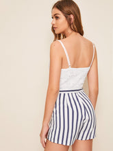 Load image into Gallery viewer, Plunging Neck Guipure Lace Bodice Belted Striped Combo Romper