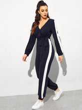 Load image into Gallery viewer, Surplice Neck Self Belted Colorblock Jumpsuit