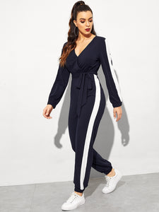 Surplice Neck Self Belted Colorblock Jumpsuit