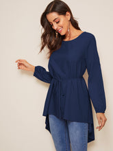 Load image into Gallery viewer, High Low Bishop Sleeve Drop Shoulder Belted Blouse