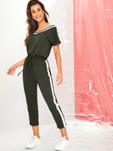 Load image into Gallery viewer, Striped Side Drawstring Elastic Waist Crop Jumpsuit