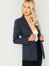 Load image into Gallery viewer, Double Breasted Notched Neck Plaid Blazer