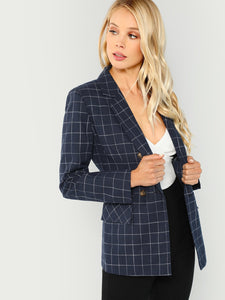 Double Breasted Notched Neck Plaid Blazer