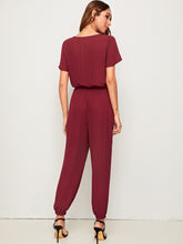 Load image into Gallery viewer, Solid Surplice Neck Drawstring Waist Jumpsuit