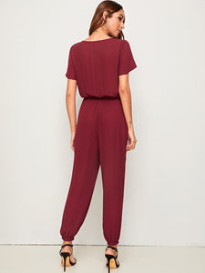 Solid Surplice Neck Drawstring Waist Jumpsuit