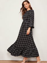 Load image into Gallery viewer, Bell Sleeve Flounce Hem Grid Dress With Belt