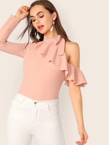 Tie Neck Cold Shoulder Ruffle Trim Top