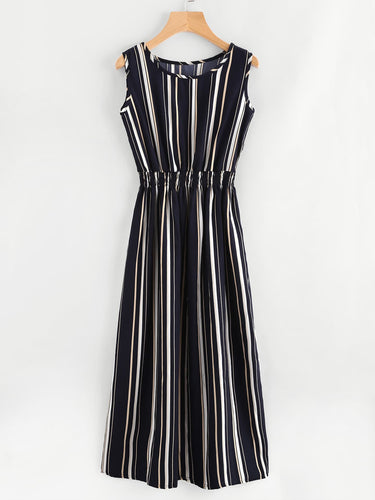 Barcode Stripe Shirred Waist Dress