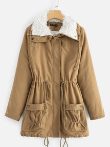 Fleece Lined Pocket Front Drawstring Parka Coat