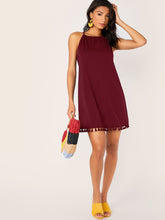 Load image into Gallery viewer, Solid Tassel Hem Tie Back Halter Dress