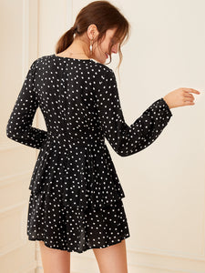 Polka-dot Print Layered Ruffle Belted Romper