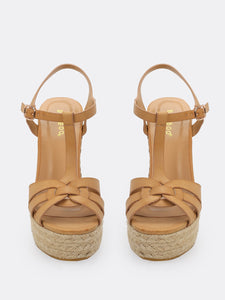 Overlap Band Ankle Strap Jute Trim Platform Wedges