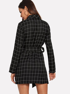 Shawl Collar Self Tie Wrap Grid Coat