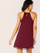 Load image into Gallery viewer, Solid Tassel Hem Tie Back Halter Dress