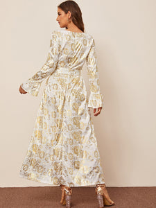 Bell Sleeve Tie Waist Jacquard Longline Dress