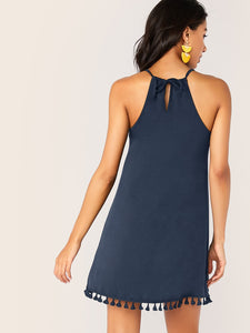 Solid Tassel Hem Tie Back Halter Dress