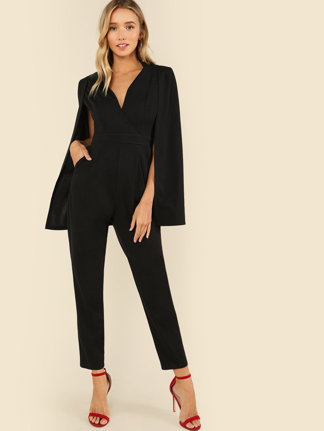 Plunging Neck Cloak Sleeve Solid Jumpsuit