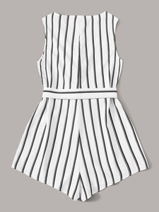 Buttoned Front Belted Striped Romper