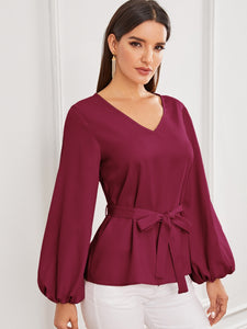 Solid Bishop Sleeve Belted Top