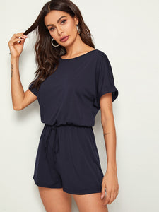 Drawstring Waist Rolled Sleeve Romper