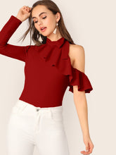 Load image into Gallery viewer, Tie Neck Cold Shoulder Ruffle Trim Top