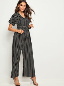 Striped Print Belted Wide Leg Jumpsuit