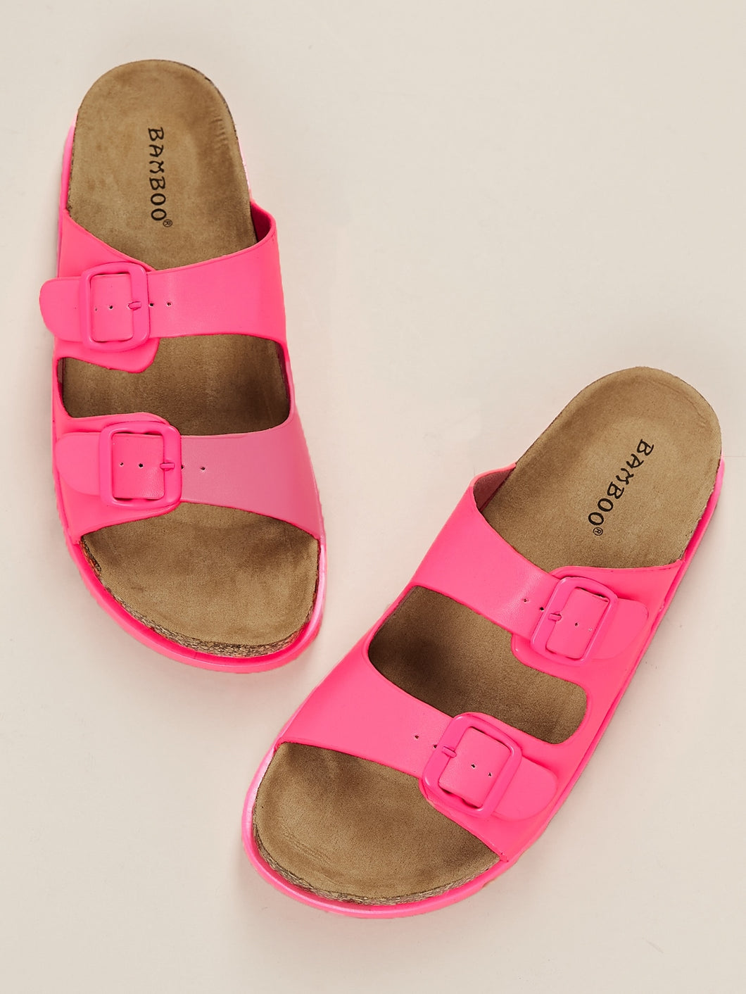 Neon Double Buckled Cork Sole Slide Sandals