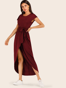 Belted Tulip Hem Solid Wrap Dress