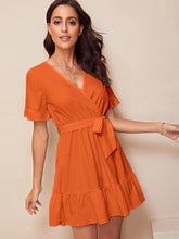 Load image into Gallery viewer, Surplice Wrap Belted Ruffle Hem Dress