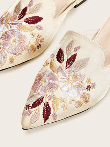 Floral Embroidered Point Toe Flat Mules