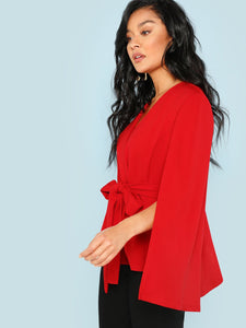 Surplice Neck Tie Waist Cape Coat