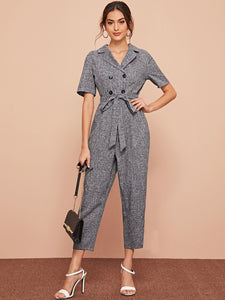 Notched Collar Buttoned Belted Jumpsuit