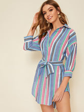 Load image into Gallery viewer, Colorful Striped Belted Notched Shirt Dress