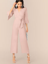 Load image into Gallery viewer, Pleated Sleeve Wrap Belted Wide Leg Jumpsuit