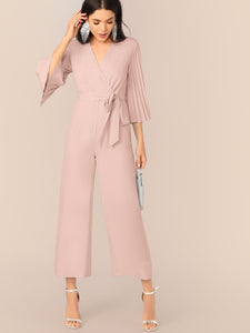 Pleated Sleeve Wrap Belted Wide Leg Jumpsuit