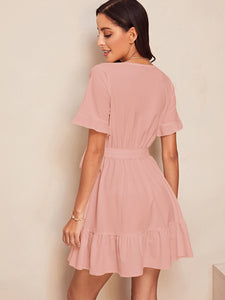 Surplice Wrap Belted Ruffle Hem Dress