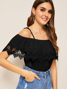 Cold Shoulder Guipure Lace Trim Top