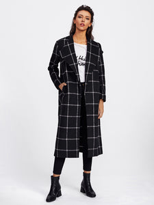 Drape Collar Grid Longline Coat