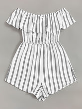 Load image into Gallery viewer, Off Shoulder Flounce Trim Striped Romper