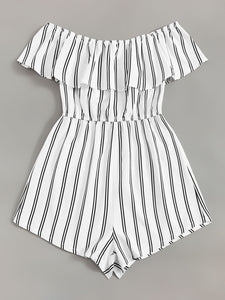 Off Shoulder Flounce Trim Striped Romper