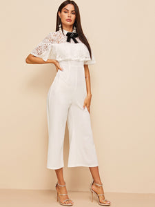 Bow Detail Lace Insert Palazzo Jumpsuit